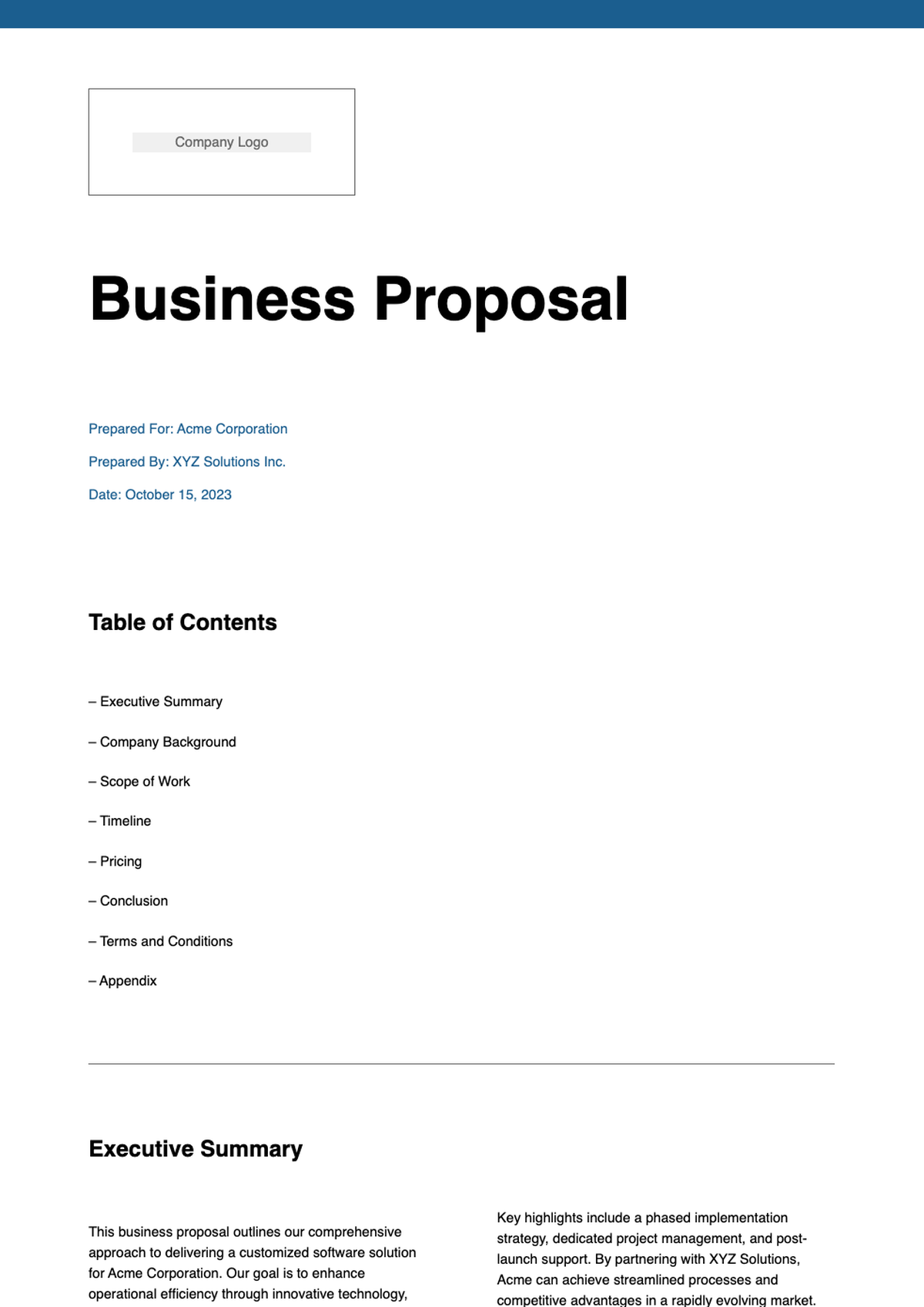 Professional sales business proposal template with table of contents and placeholder fields_variant_1